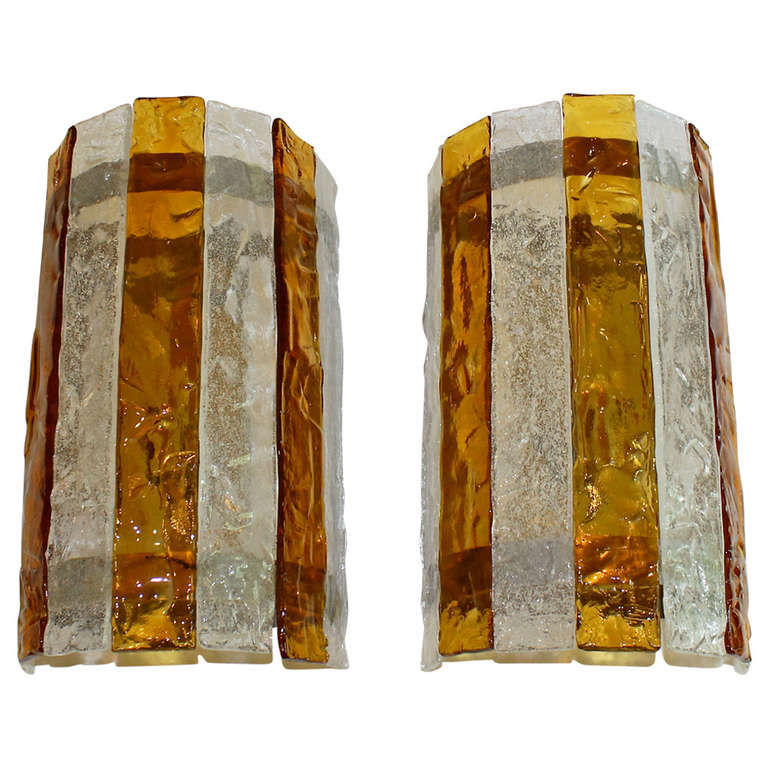 Pair of Large Italian Amber and Clear Glass Wall Sconces