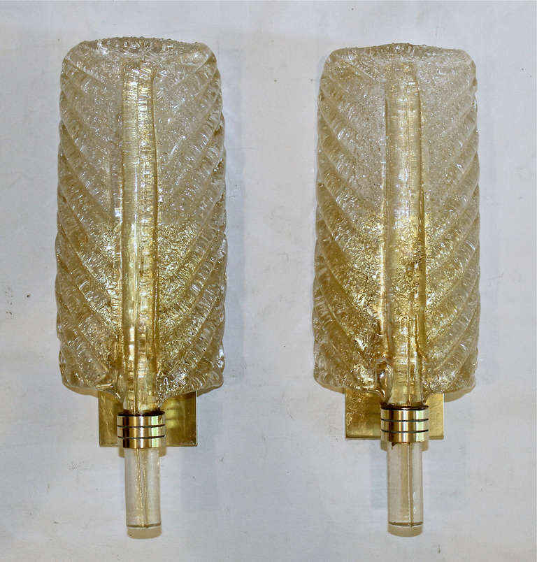 Pair Italian Barovier & Toso Gold and Clear Rugiadoso Leaf Wall Sconces 5