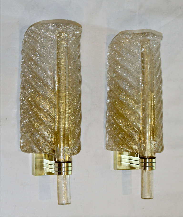 Pair Italian Barovier & Toso Gold and Clear Rugiadoso Leaf Wall Sconces 2