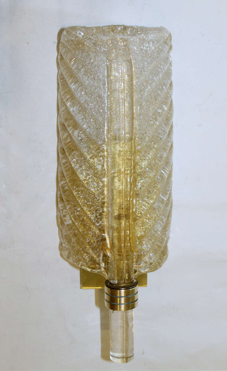 Mid-20th Century Pair Italian Barovier & Toso Gold and Clear Rugiadoso Leaf Wall Sconces