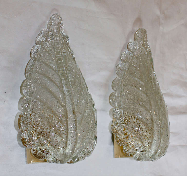 Pair Large Barovier Murano Glass Rugiadoso Leaf Wall Sconces 5