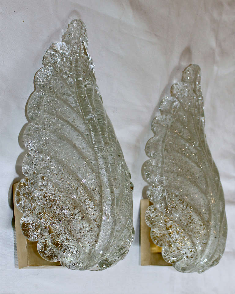 Italian Pair Large Barovier Murano Glass Rugiadoso Leaf Wall Sconces