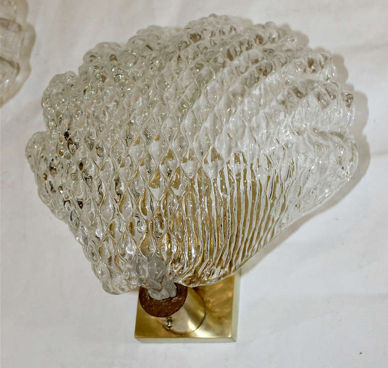 Brass Pair of Murano Italian Glass Clam Sconces
