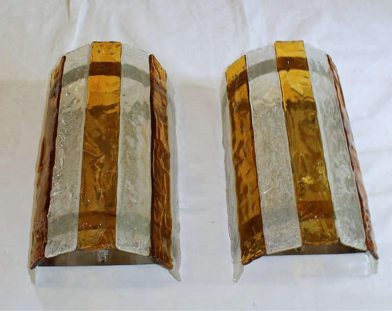 Metal Pair of Large Italian Amber and Clear Glass Wall Sconces