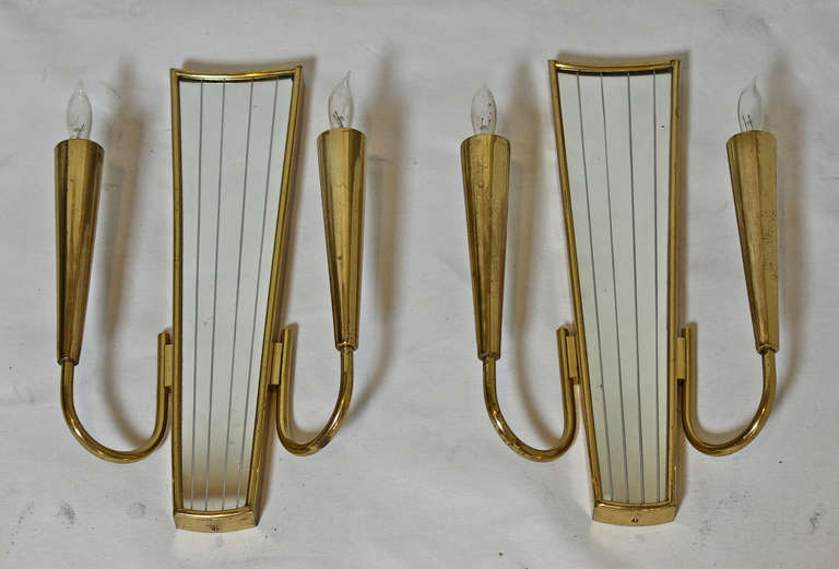 Italian Pair of Brass Mirrored Wall Sconces Gio Ponti Style