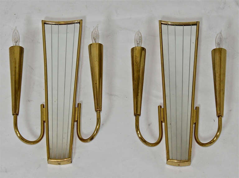 Pair of Brass Mirrored Wall Sconces Gio Ponti Style 5