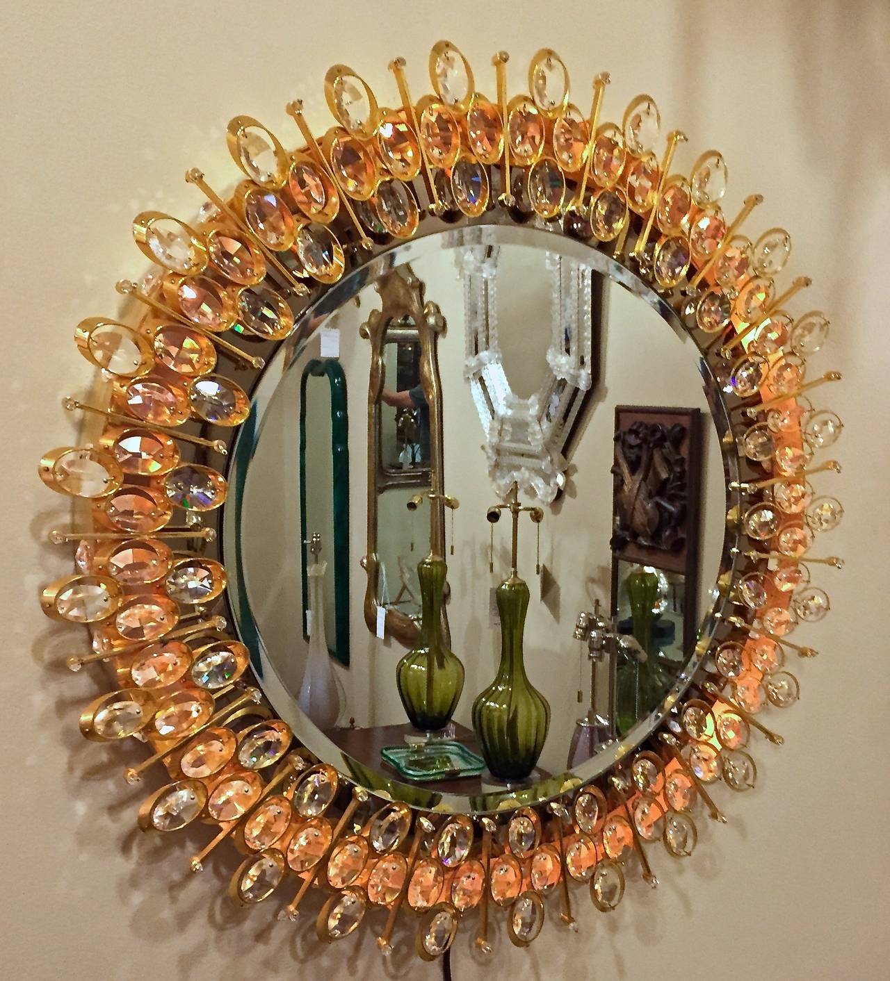Lobmeyr Round Crystal and Gold Plated Illuminated Wall Mirror In Excellent Condition In Palm Springs, CA