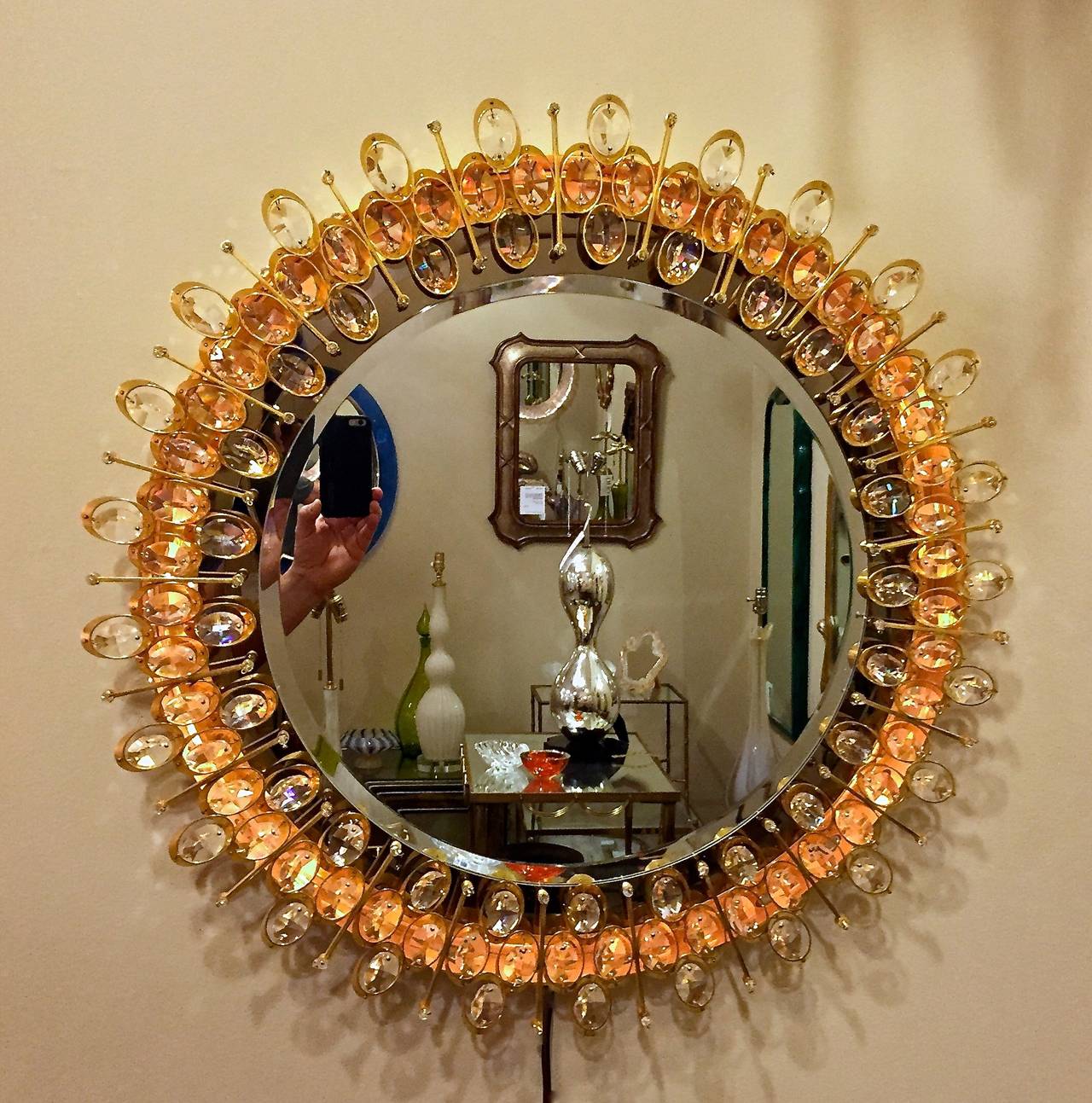 Lobmeyr Round Crystal and Gold Plated Illuminated Wall Mirror 1