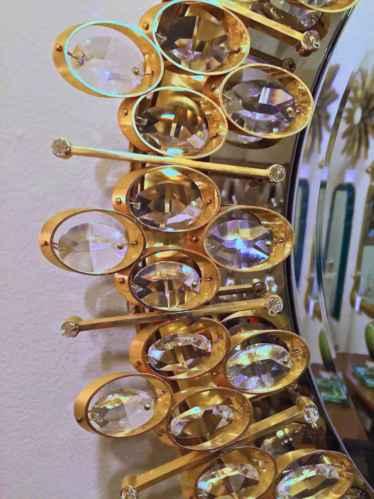 Mid-20th Century Lobmeyr Round Crystal and Gold Plated Illuminated Wall Mirror
