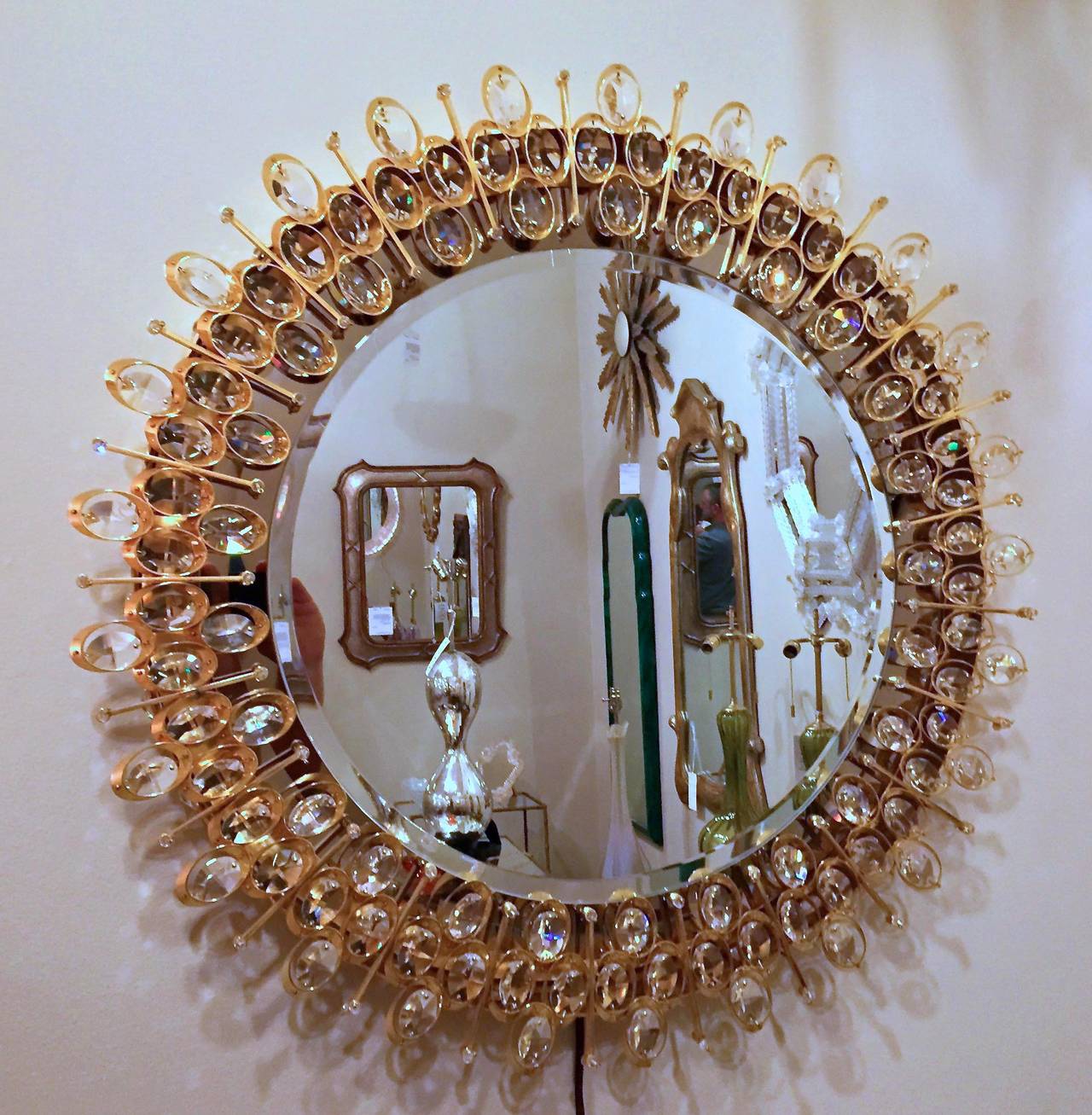 Lobmeyr Round Crystal and Gold Plated Illuminated Wall Mirror 4