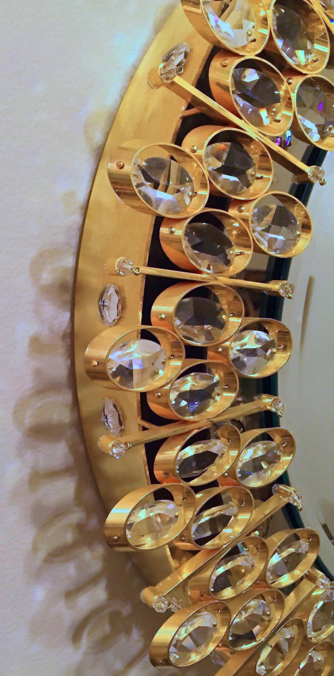 Austrian Lobmeyr Round Crystal and Gold Plated Illuminated Wall Mirror