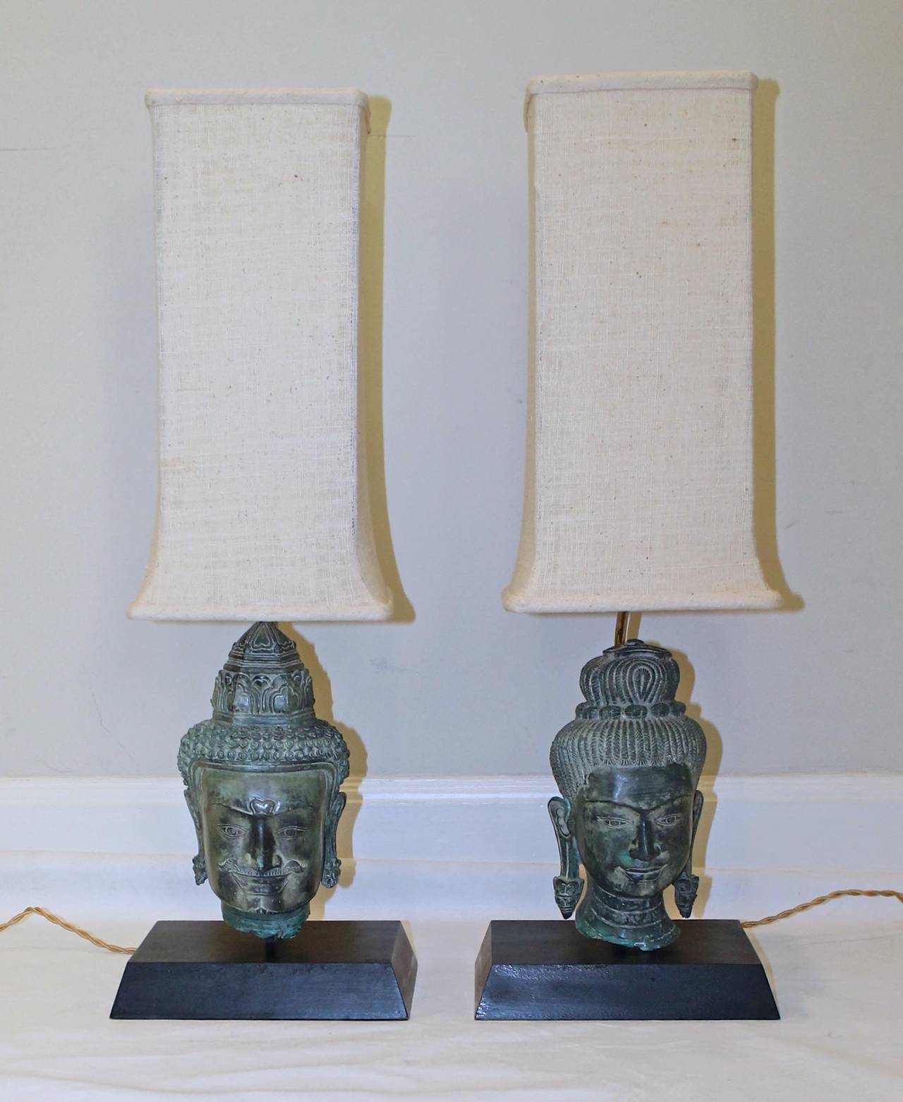 Pair of Bronze Male and Female Buddha Heads Table Lamps 3