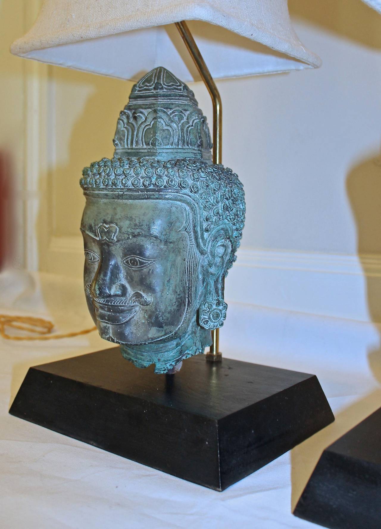 Pair of Bronze Male and Female Buddha Heads Table Lamps 1