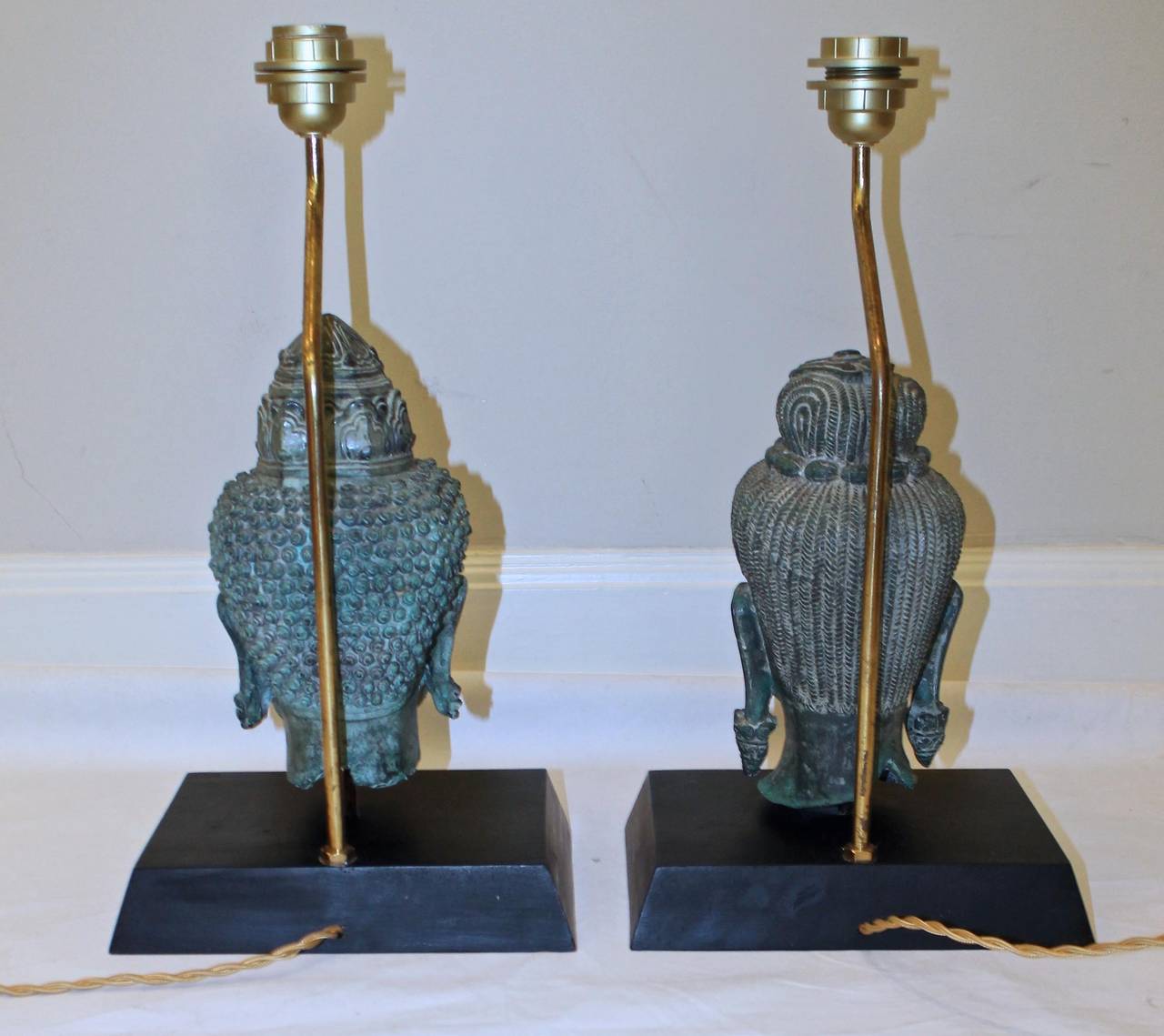 Mid-20th Century Pair of Bronze Male and Female Buddha Heads Table Lamps