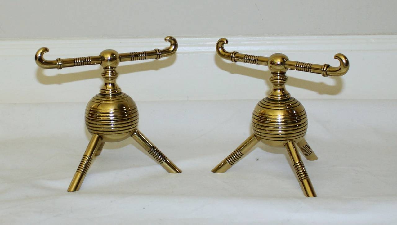 European Pair Christopher Dresser Brass Aesthetic Movement Period Andirons For Sale