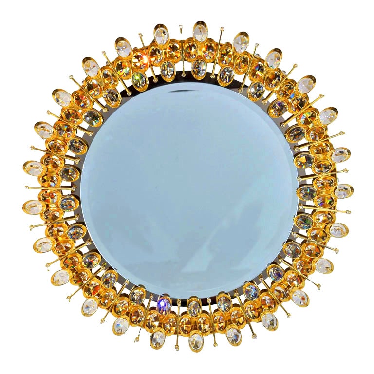 Lobmeyr Round Crystal and Gold Plated Illuminated Wall Mirror