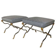 Pair Italian Brushed Steel Brass Rams Head X-Base Benches