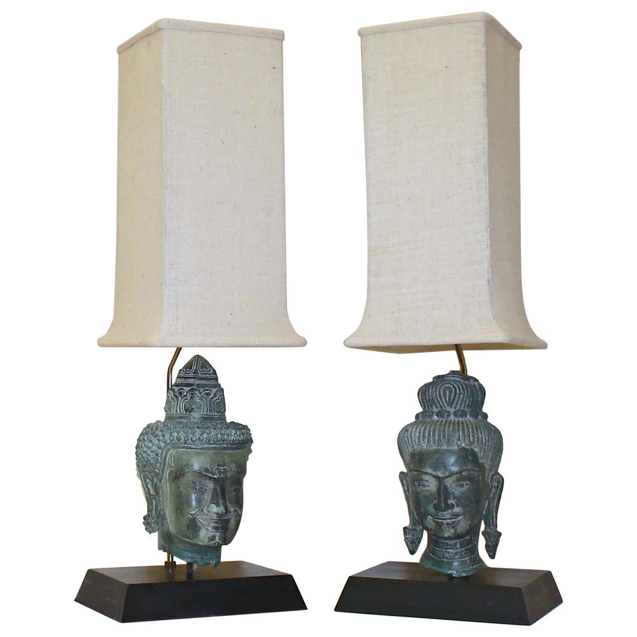 Pair of Bronze Male and Female Buddha Heads Table Lamps