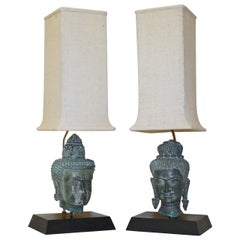 Vintage Pair of Bronze Male and Female Buddha Heads Table Lamps