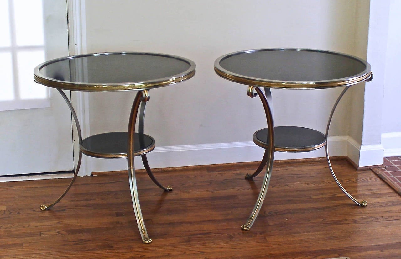 Brushed Pair of Large Maison Jansen Style D'ore Gilt Bronze and Steel Gueridons