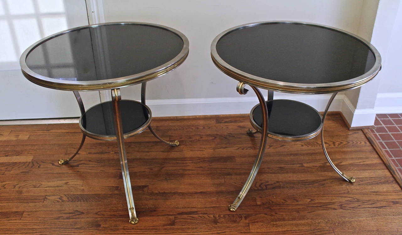 Pair of Large Maison Jansen Style D'ore Gilt Bronze and Steel Gueridons In Excellent Condition In Palm Springs, CA