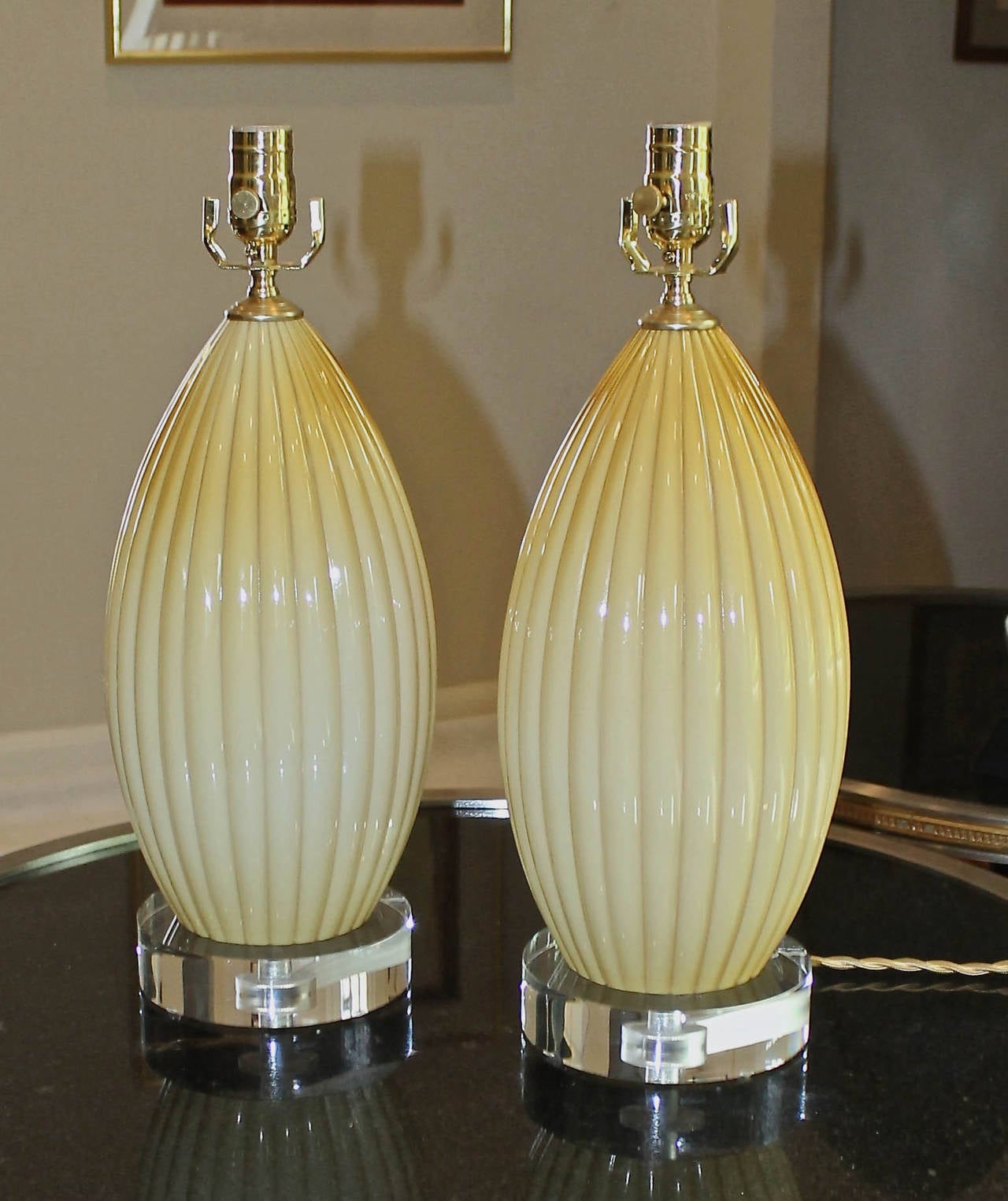 Brass Pair of Butterscotch Cased Murano Glass Lamps