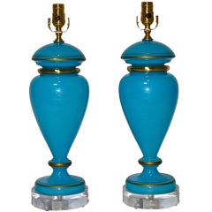 Pair French Bue Opaline Table Lamps