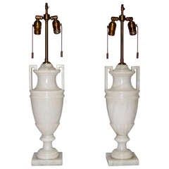 Pair Italian Carved Alabaster Neoclassic Urn Table Lamps