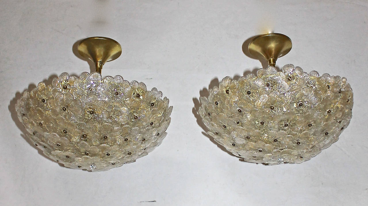 Pair of Barovier Murano Glass Floral Ceiling Pendant Lights In Excellent Condition In Palm Springs, CA