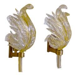Pair Barovier & Toso Murano Glass Leaf Wall Sconces