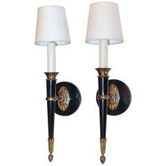 Pair of French Empire Style Brass and Black Lacquered Sconces