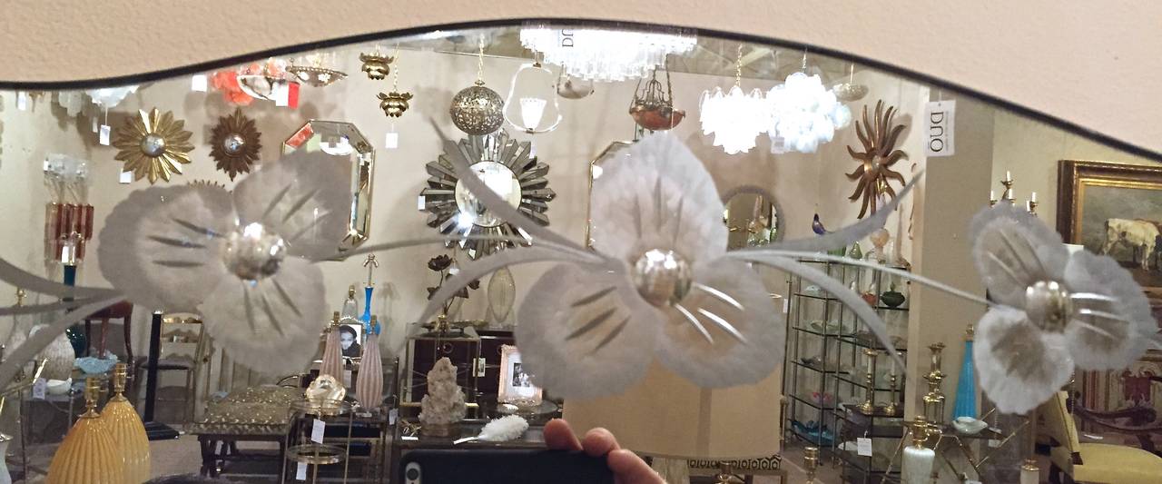 Large Art Deco Etched Curved Edge Wall Mirror In Excellent Condition In Palm Springs, CA