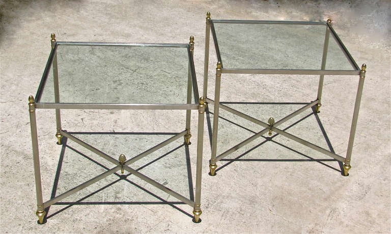 Pair of Italian Jansen Style Steel Brass Side End Tables In Good Condition In Palm Springs, CA