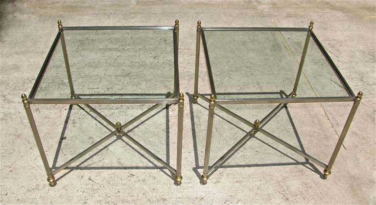 Pair of large Italian brass and steel square shaped end or side tables with clear glass inserts.
