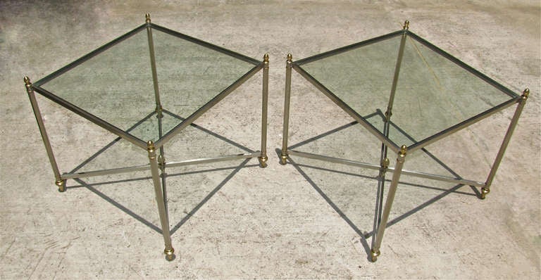 Mid-20th Century Pair of Italian Jansen Style Steel Brass Side End Tables