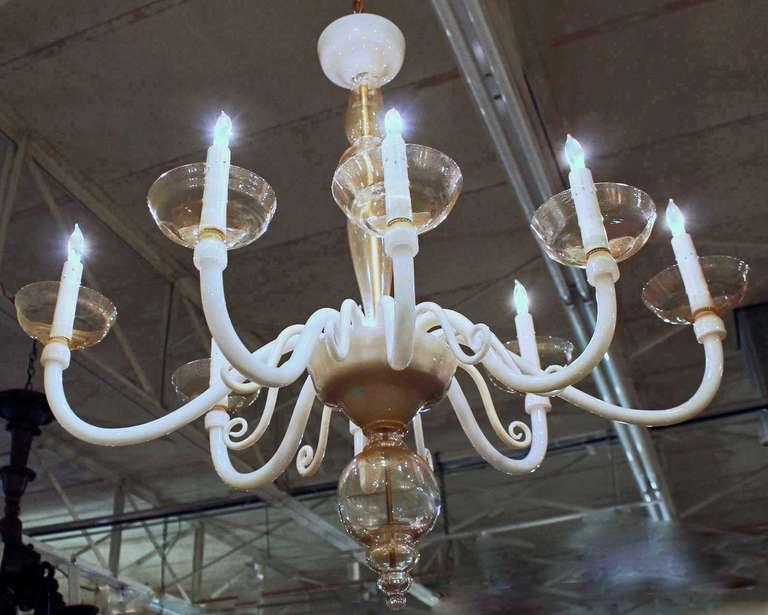 Pair of Murano Italian Glass White Gold Chandeliers For Sale 4