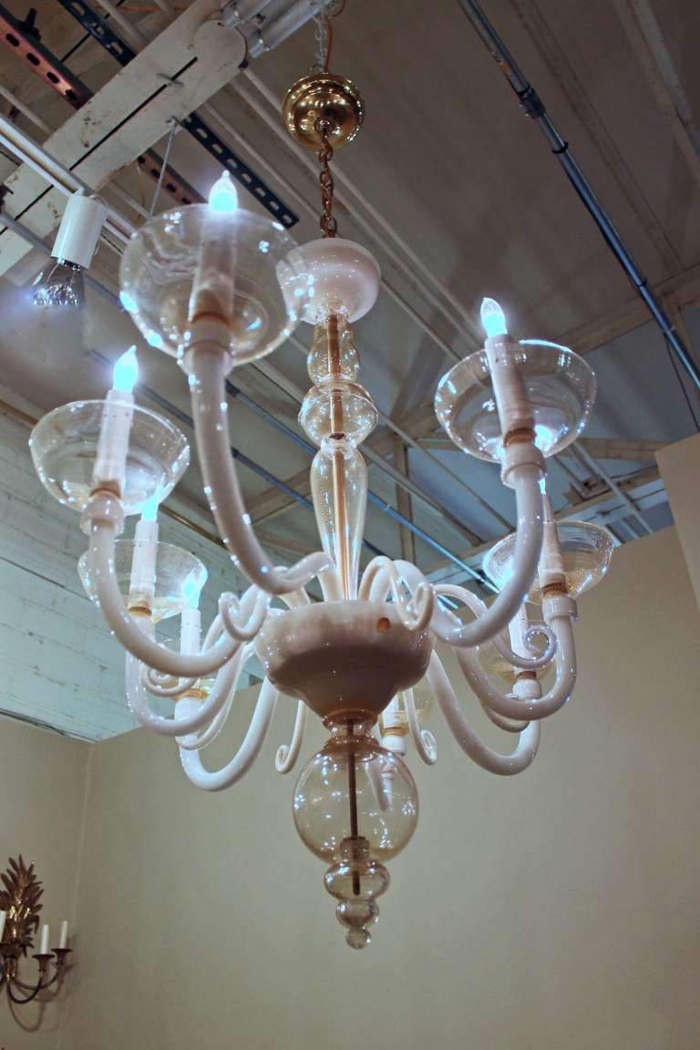 20th Century Pair of Murano Italian Glass White Gold Chandeliers For Sale
