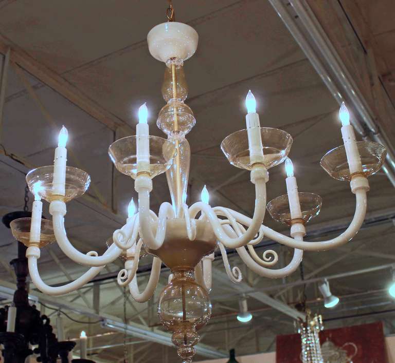 Brass Pair of Murano Italian Glass White Gold Chandeliers For Sale