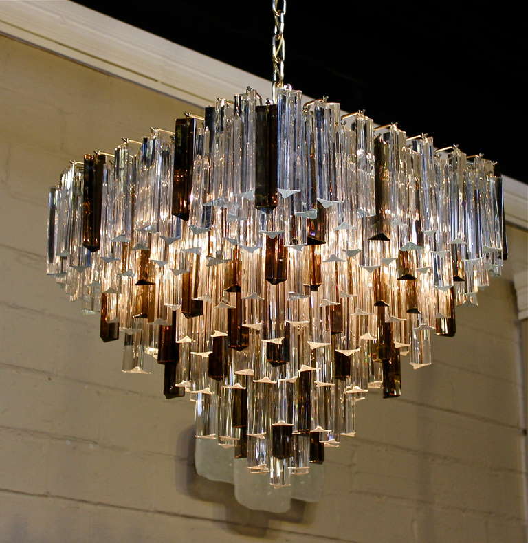Venini Italian Triedi Crystal Clear & Smoked Prism Chandelier In Excellent Condition In Palm Springs, CA