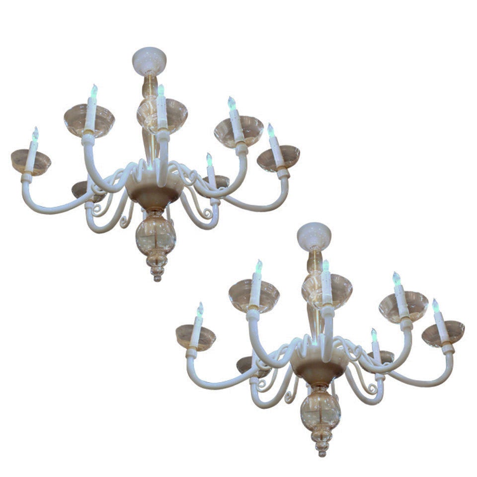 Pair of Murano Italian Glass White Gold Chandeliers For Sale