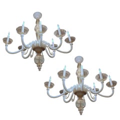 Vintage Pair of Murano Italian Glass White Gold Chandeliers