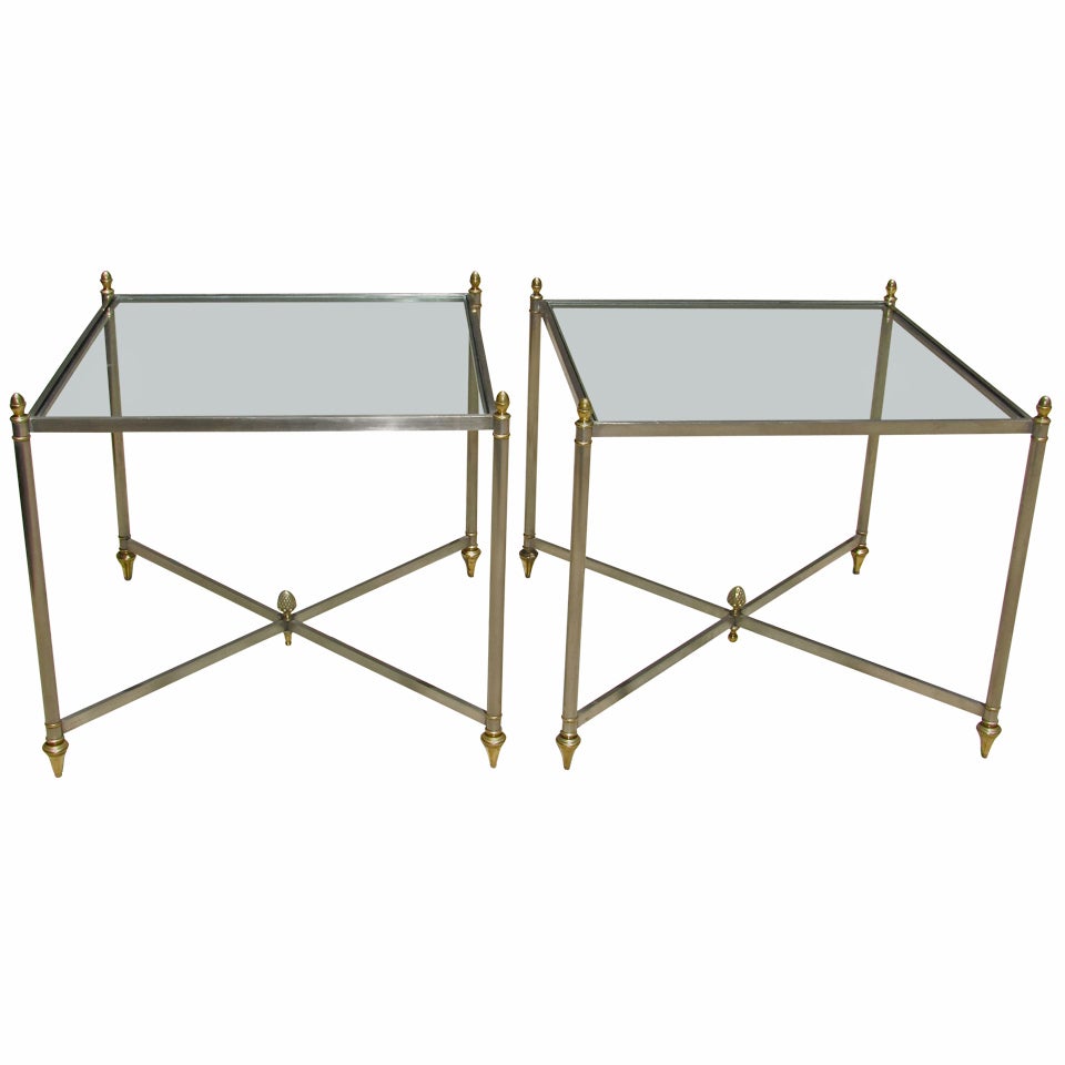 Pair of Italian Jansen Style Steel Brass Side End Tables