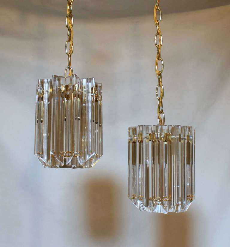 Pair of Venini treidi crystal pendants, brass frame, each uses 1 