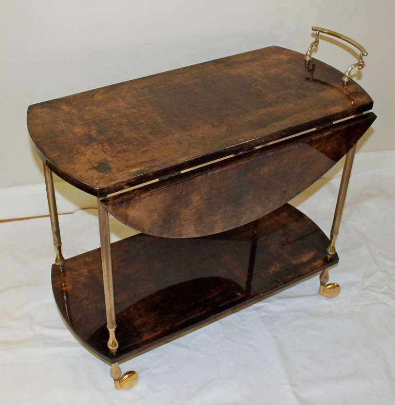 Aldo Turo Brown Lacquered Goatskin Italian Brass Bar Cart In Good Condition In Palm Springs, CA