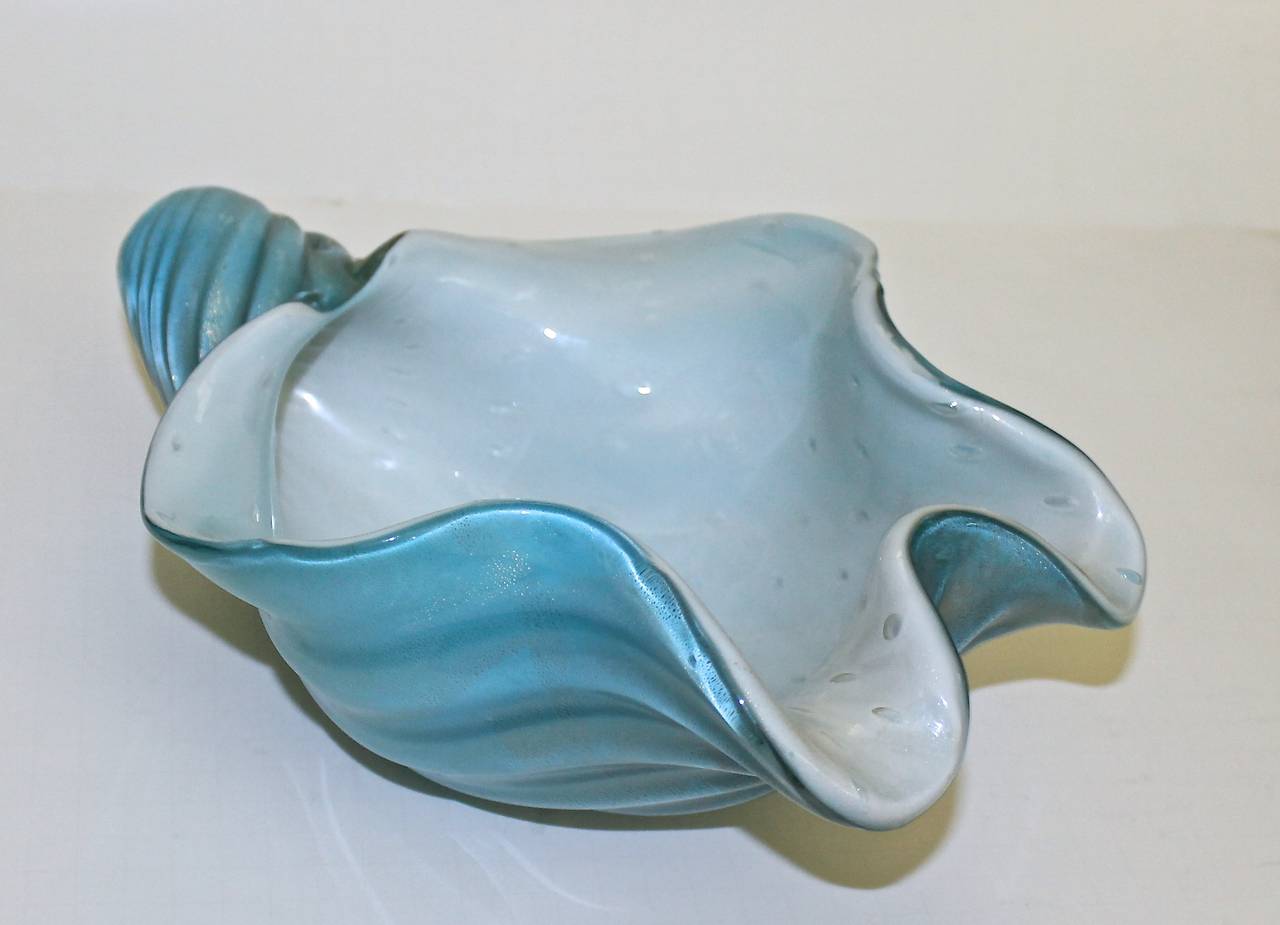 Italian Large Alfredo Barbini Murano Blue White Shell Bowl