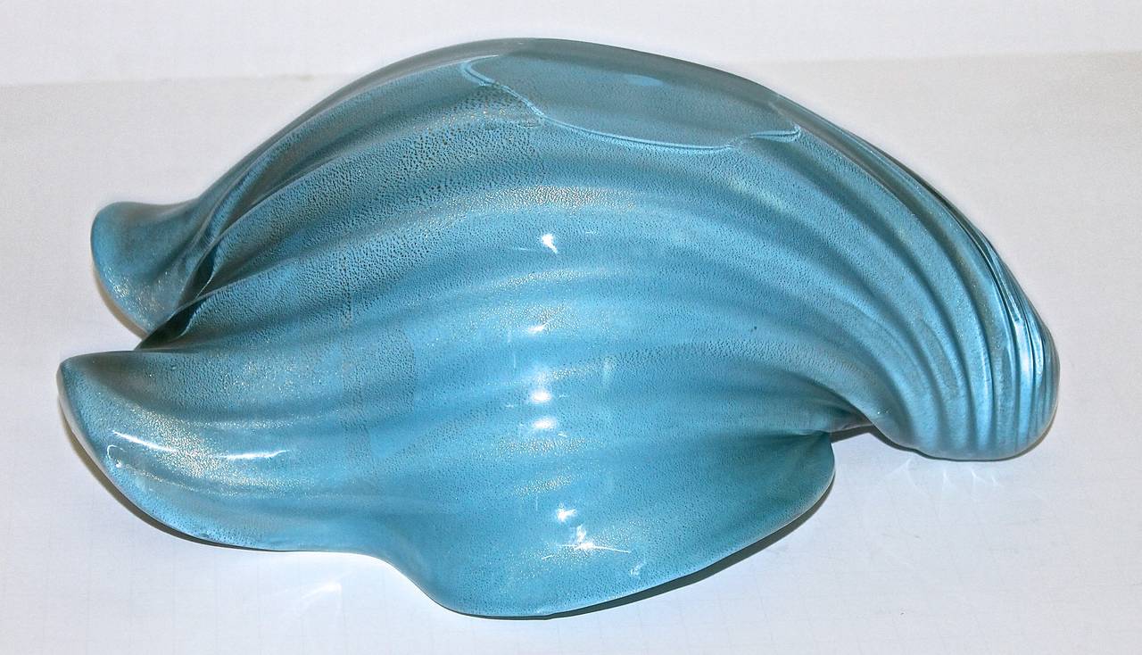 Glass Large Alfredo Barbini Murano Blue White Shell Bowl