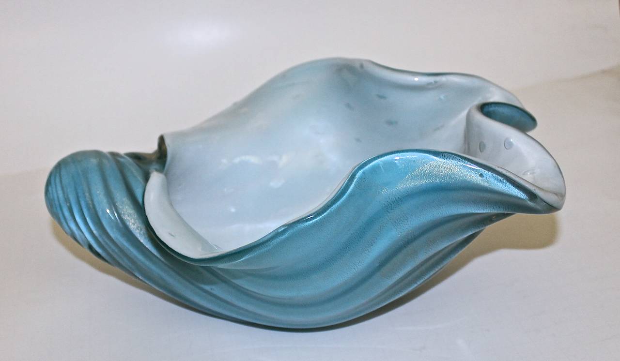 Large Alfredo Barbini Murano Blue White Shell Bowl 3