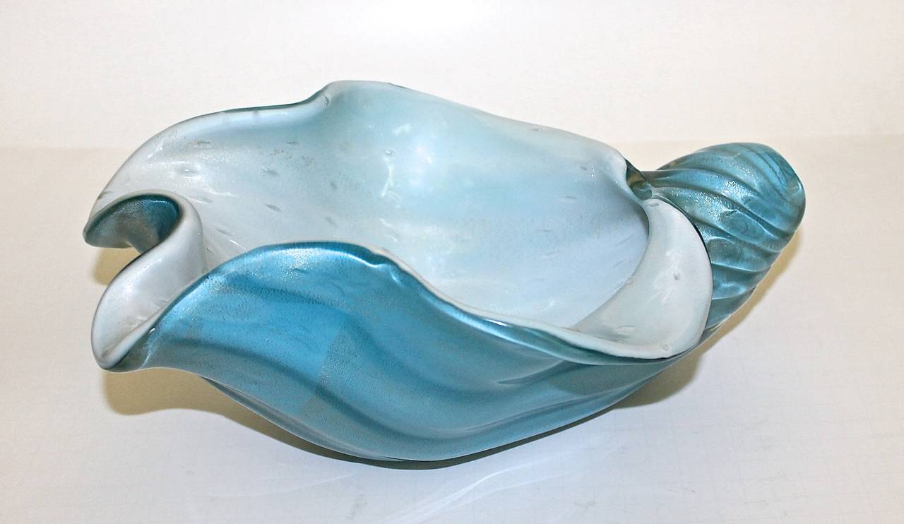 Large Alfredo Barbini Murano Blue White Shell Bowl 4