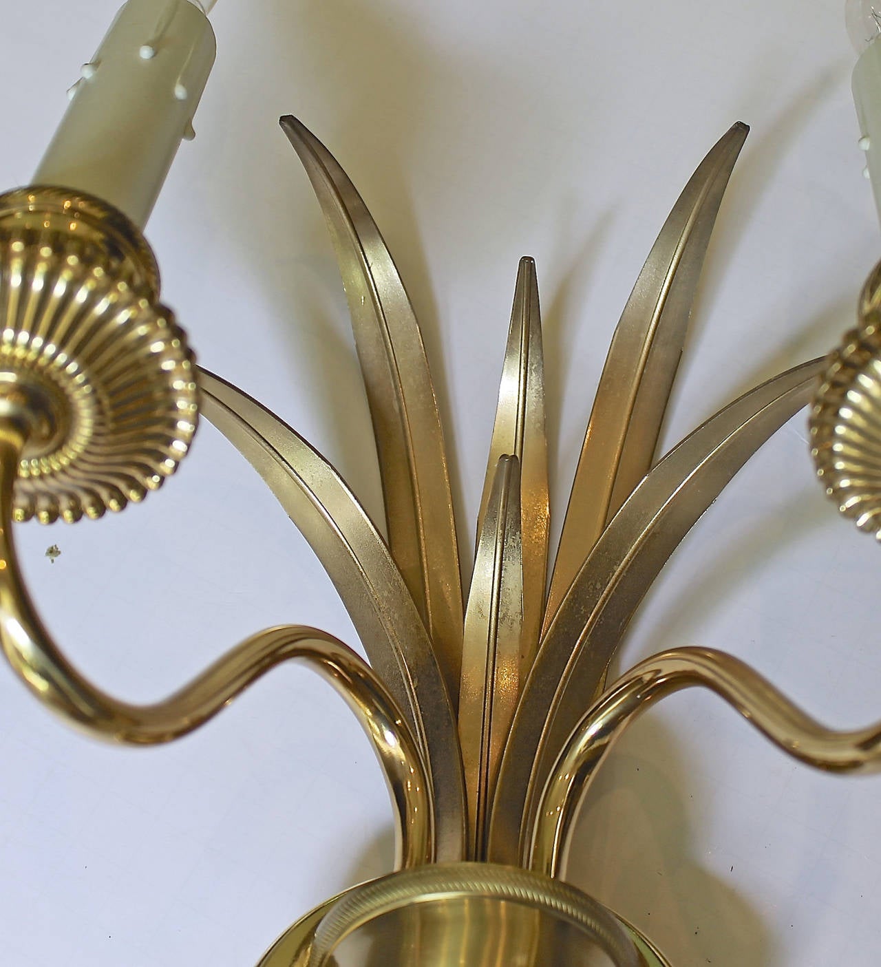 Pair of Wheat Motif Two-Arm Brass Wall Sconces 2