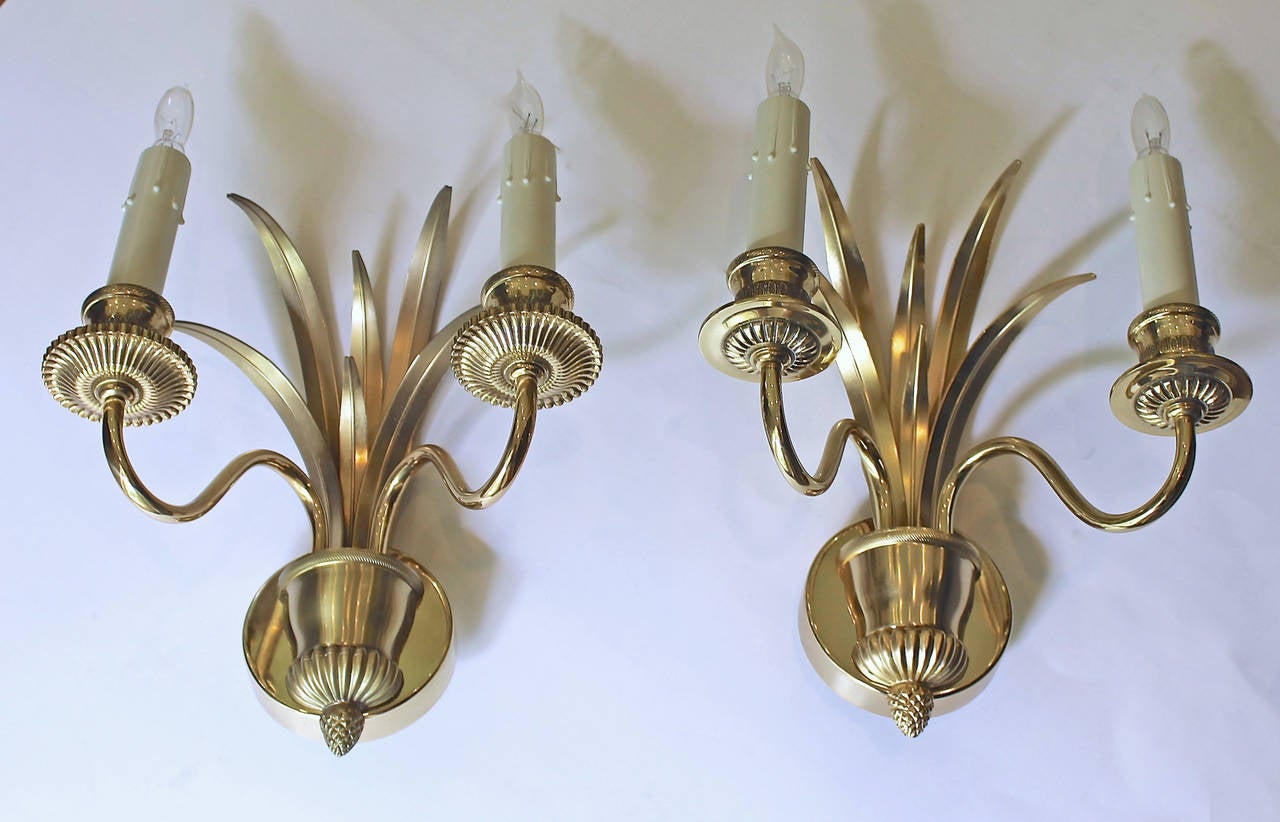 Pair of Wheat Motif Two-Arm Brass Wall Sconces 1